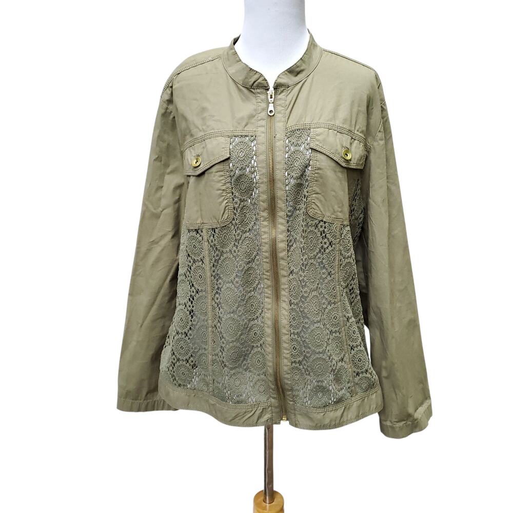 Chico's Sz 3 Green Full Zip Jacket Open Crochet Lace Knit Chicos XL 16